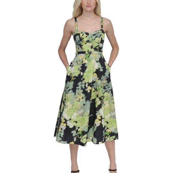 DKNY Vibrant Green and Black Floral Midi Dress - Picture 5 of 6
